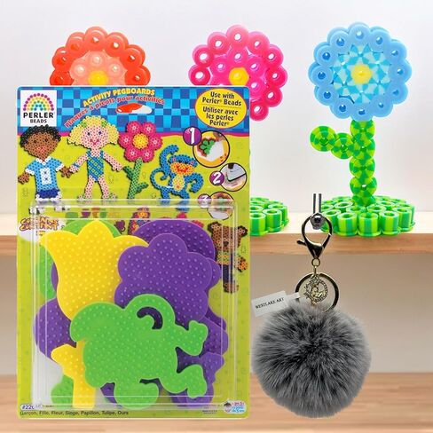 Perler Bead Pegboard (22645) ، Fuse Bead Pegboard | مجمعة مع كرات Pompom Fluffy Keychain Bead Craft Craft مع صبي ، فتاة ، دب ، قرد ، أشكال الفراشة والزهور (حزمة 3) in Kuwait
