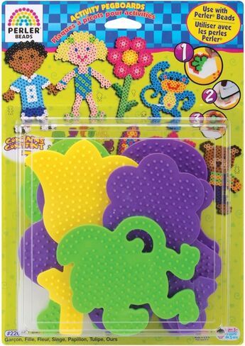 Perler Bead Pegboard (22645) ، Fuse Bead Pegboard | مجمعة مع كرات Pompom Fluffy Keychain Bead Craft Craft مع صبي ، فتاة ، دب ، قرد ، أشكال الفراشة والزهور (حزمة 3) in Kuwait