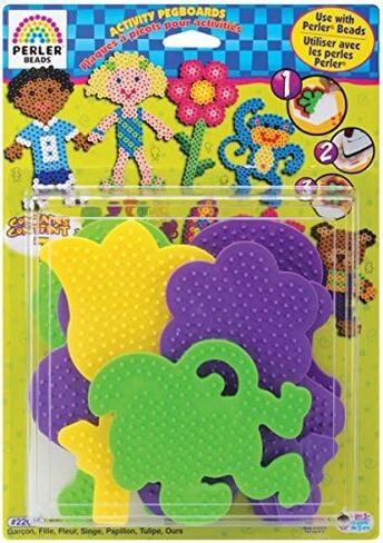Perler Bead Pegboard (22645) ، Fuse Bead Pegboard | مجمعة مع كرات Pompom Fluffy Keychain Bead Craft Craft مع صبي ، فتاة ، دب ، قرد ، أشكال الفراشة والزهور (حزمة 3) in Kuwait