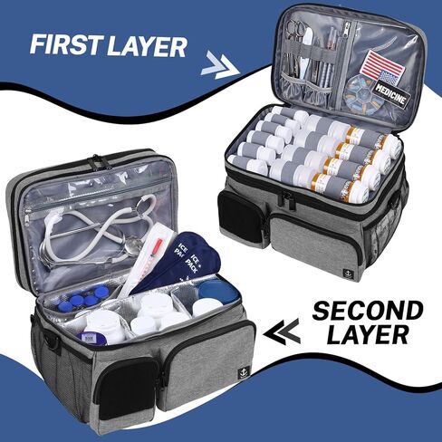 حقيبة طبية مزدوجة الطبقات لتنظيم زجاجات حبوب الدواء مع سحاب قابل للقفل، منظم أدوية السفر مع أشرطة كتف ناعمة لزجاجات حبوب الدواء، واللوازم الطبية (الحقيبة فقط) in Kuwait