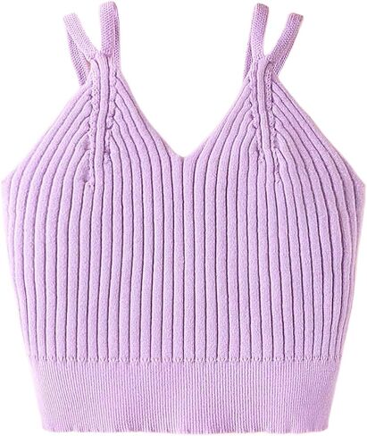 SweatyRocks Girl's V Neck Double Straps Ribbed Knit Cropped Tank Sleeveless Slim Fitted Crop Camisole Tops in Saudi Arabia