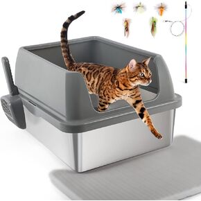 ALL FOR PAWS Stainless Steel Cat Litter Box with Litter Mat for Big Cats Extra Large Metal Litter Pan Tray with High Wall Sides, Odorless, Non-Stick, Leak Proof, Cat Feather Wand Toy Included