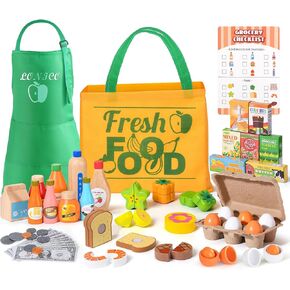 Wooden Play Food Toys for Kids, Market Grocery Store Toys with Snack & Shopping Bag & Apron for Toddlers, Pretend Play Kitchen Accessories Christmas Birthday Gift for Girls Boys 3 4 5 6