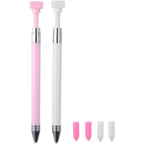 2Pcs Rhinestone Painting Pens with Wax, Point Drill Pen Refillable Wax Pens for DIY Craft, Rhinestone Art Accessories, Pink&White