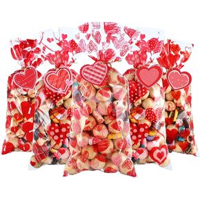100 Pcs Valentine Cellophane Treat Bags with 50 Pcs Heart Shape Gift Tags and 200 Pcs Twist Ties Plastic Valentine Goodie Candy Bags Gift Bags Valentine Favor Bags for Valentine's Day Party Supplies