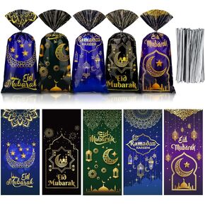 100 Pcs Muslim Ramadan Gift Bags with 150 Silver Ties Eid Mubarak Cellophane Treat Moon Star Wrap Goodie for Snack Candy Islamic Party Al Adha Decorations