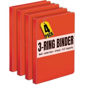 1InTheOffice Red 3 Ring Binder, Plastic Binder, 8.5 x 11 Binder, 2 Pocket, 0.5" Capacity, Letter Size, Round Ring, 4 Pack