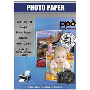 PPD Glossy Photo Paper for Inkjet Printer, 8.5 x 14" Premium Quality Printable Sheets for Custom Picture, Professional Photographic Instant Dry For Normal, Dye or Pigment Ink (50 Pack/255 gsm)