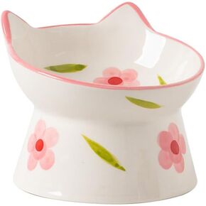 Ceramic Raised Cat Bowls, Anti Vomiting and Protect Pets' Spines for Indoor Cats Whisker Friendly Pet Feeder for Cats Puppies (Pink)