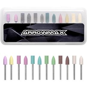 AM ARROWMAX 12 Pcs Assorted Shape Polishing Bits Buffing Wheel for Rotary Tools 2.35mm Shank Size (Red Corundum/Sesame/Cowhide/Rubber/Silicone/Wool)