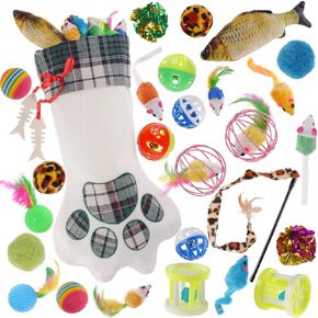 QBSM Cat Christmas Plaid Pet Paw Stockings مع 26 PCS Cat Toys للقطط والقطار