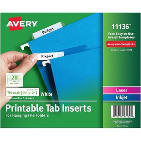 Avery 11136 إدراج قابلة للطباعة لعناية المجلدات للملفات ، 1/5 علامة تبويب ، اثنان ، أبيض ، 100/حزمة in Saudi Arabia