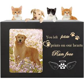 Pet Urns for Dogs or Cat Ashes, Large Wooden Dog Memorial Cat Dog Urn, Urne Pour Chien Pet Sympathy Gifts Black Wooden Box with Pet Memorial Pictures Frame Pet Memorial Keepsake (L,18 * 12 * 12cm)