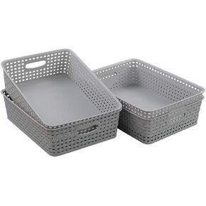 Kiddream 4 Packs Office Paper Trays, Plastic Shallow Storage Basket Trays, Grey