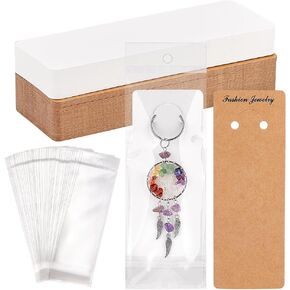 PH PandaHall 100 Sets Keychain Display Cards with Self-Sealing Bags, 5.9x2 Inch Long Keychain Cards Holder Paper Keyring Display Holder for Displaying Keyring Keychains Jewelry Packaging, White/Brown