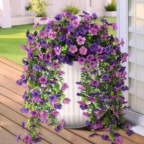 Artificial Hanging Flowers for Outdoors, 2 Pcs Fake Hanging Plant Spring Summer Decor, UV Resistant No Fade Faux Flower for Front Door Porch Planter Patio Yard Garden(Double Purple)