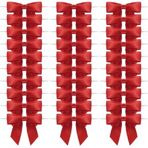30Pcs Satin Ribbon Twist Tie Bows for Treat Bags, 3.5'' Mini Gift Bows for Presents Crafting Christmas Tree Bows, Bag of Pre Tied Bows Premade Bows for Crafts Gift Wrapping Party Favors (Red)