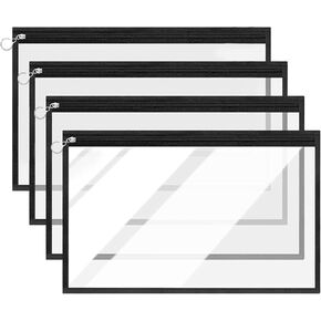 Clear Zipper Pouches,Plastic Zipper Pouches,Clear Organizer Bags,Clear Zipper Bags for Organizing,Waterproof Zipper Pouches,Ideal for Travelling, Document Storage, Office Organisation 4 Pieces（Black）