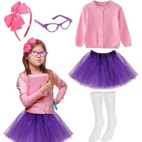 5Pcs Book Day Cosplay Outfit Including Pink Bow Headband Purple Tutu Skirt Socks Glasses for Fancy Dress Up Supplies