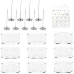20 Pcs Clear Plastic Tealight Cups Empty Candle Holders Tea Light Candle Molds Candle Making Containers with 20 Pcs Candle Wicks 20 Pcs Stickers