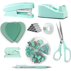 Mint Green Office Supplies, Teal Desk Accessories for Women, Stapler Tape Dispenser Set,Scissors, Sticky Notes, Pen, Tacks, Clips,Hole Punch, Staples,Office School Supplies, Teal (Mint Green)