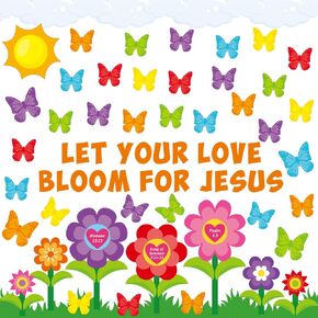 97 Pcs Spring Faith Bulletin Board Set Christian Bulletin Board Decor Religious Flower Cutout for Spring Sunday School Chalkboard Wall Decor