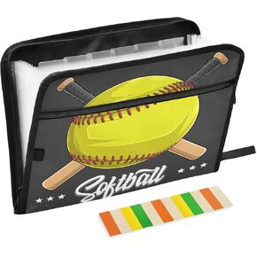 Yellow Softball Ball Accordion File Folder Organizer, Red Lacing Expanding File Folder Labels Bag Document Letter Size Folder
