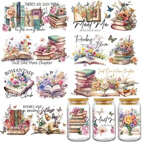 Afritee UV DTF Cup Wraps - 8 أوراق عتيقة Book Lover UVDTF Tumbler Wrap for 16 Oz Glass Gater Bottions ، Butterfly Flower Transfer Stickers Diy Diy Coffee Decords لعشاق الكتب