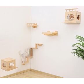 Wall Mounted Cat Shelves Wood Cat Wall Furniture Set for Indoor Cats Climbing Playground with 2 Cat Wall House& Cat Hammock & 4-Levels Ladder & 1 Cat Scratching Post