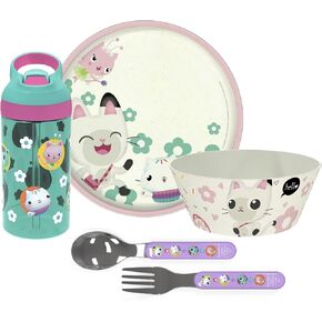 zak! 5-Piece Dinnerware Set, Gabby’s Dollhouse - Durable Plastic & Stainless Steel - Includes Water Bottle, 8-Inch Plate, 6-Inch Bowl, Fork & Spoon - Suitable for Kids Ages 3+
