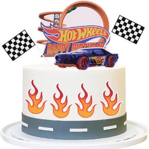 Fire Car Cake Topper Race Car Birthday Cake Decorations Racing Car Cake Toppers Checkered Flag Hot Wheel Themed Cake Cupcake Topper for Boys Girls Racing Car Party Supplies