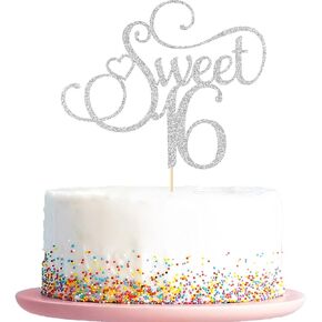 KakaSwa Sweet 16 Cake Topper, Happy 16th Birthday Party Supplies, Sweet Sixteen Theme Party Decorations, Cheers to 16 Years Birthday Anniversary Wedding Party Cake Decor - Silver