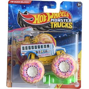 Hot Wheels Monster Trucks HW Dozen Delivery, Snack Pack 1/6 Includes Crushed Car