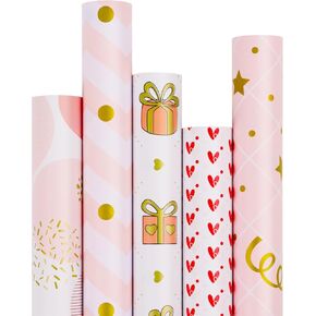 WRAP STORM Premium Pink Girly Gift Wrapping Paper Set of 5 Mini Rolls (17" x 120") - Cute & Girly Wrap for Women, Girls, and Wife, Perfect for Princess Party and Happy Birthday
