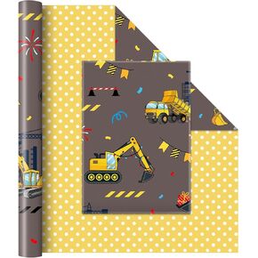 Wernnsai Construction Construction Roversible Rapping Paper Roll - 1 Roll 17 "× 33 قدمًا شاحنة عيد ميلاد الورق لفة الأولاد الأطفال