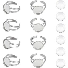 UNICRAFTALE 8 Sets 304 Stainless Steel DIY Blank Dome Ring Making Kits Open Cuff Ring Settings Metal Finger Ring with Round Tray Glass Cabochon Ring Base Settings for Ring Jewelry Making 12mm