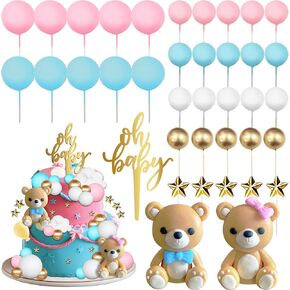 38 Pieces Bear Cake Topper Decorations Set- Oh Baby Cake Topper，Stars，Pearl Balls Cake Decoration for Gender Reveal party Baby Shower Supplies, He or She Gender Reveal Party（blue and pink）