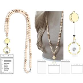 Wooden Beaded Teacher Lanyards with 4 ID Badges Holders，for ID Badge Holders Retractable Badge Reel Keys Chains for Women