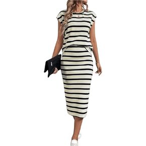 MakeMeChic Women's 2 Piece Outfits Striped Round Neck Cap Sleeve Tee Top and Bodycon Midi Skirts Set