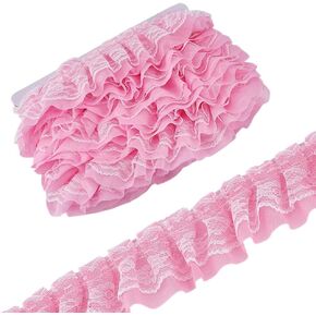 MAYJOYDIY 21.8 Yards Pink 2 Layer Ruffle Lace Trim 2 inch Gather Pleated Trim Ribbon Double-Layer Edging Trimming Fabric Vintage Lace Ribbon for Sewing Craft Wedding Dress DIY Embellishments