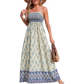 CUPSHE Women's Maxi Dress Ditsy Floral Smocked Summer Sundress Sleeveless Ruffled Spaghetti Straps Long Beach Formal Dress