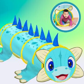 W & O Dash the Dinosaur Kids Tunnel - Tunnel Long Long Long 5ft للأطفال الصغار مع Hide N 'Seek Doors وإطار مستقر وداخل مبطن - Toddler Tunnel - نفق الأطفال - نفق الكلاب