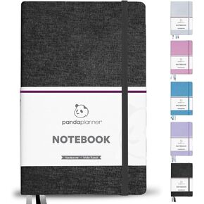 Panda Planner Wide-Ruled Notebook for School - 5.75" x 8.25" Wide Ruled Paper - 240 Sheets,100 GSM Thick Paper - A5 Hardcover Faux Leather Notebook for To Do List, School, Home (Black)