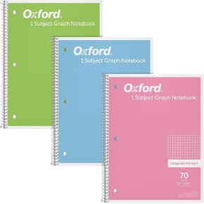Oxford Graph Paper Notebook - 1 Subject, Pastel colored Spiral 8" X 10-1/2" - 3 Pack 70 Sheets - Math, Drawing and Engineering Grid Paper Notebook - Spiral Bound