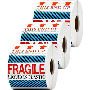 2"x3" Fragile Tape for Shipping (3 Rolls, 1500 Labels), Fragile Liquid in Plastic - This End Up, Fragile Stickers Labels Tape Roll for Shipping, Packing and Moving Boxes, 500 Per Roll