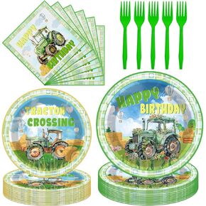 Tractor Birthday Party Decorations - 96 PCs Farm Green Plates and Napkins Forks Tableware Set Kids Boys Disposable Paper Lawn Dessert Dinner Dinnerware Supplies Decor Favors Serve 24 Guests