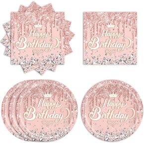 Rose Gold Birthday Decorations - 20 Plates & 20 Napkins, Pink Rose Gold Theme, Happy Birthday Party Decoration for Kids