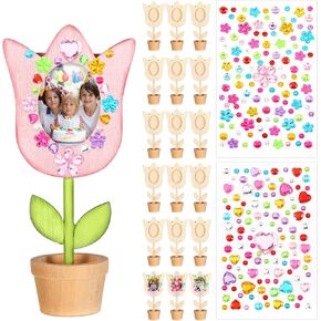 Tellyou 18 PCS Flower Pot Pot Arts and Crafts Picture Frame Kits DIY Wood Picture Frames with 2 Gems Sticks for First Day of School Factors Classroom Gift for Kids (