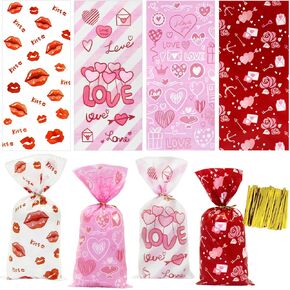 BCUEIDO 120PCS Valentines Day Candy Bags, Valentines Day Treat Bags with Twist Ties for Valentines Day Party Favor Supplies