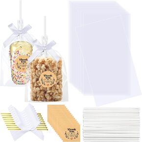 Wavwavw 100 Sets Clear Rice Krispie Treat Bags with White Ribbon Bow and Thank You Stickers Clear Flat Cellophane Treat Bags Clear Candy Bags Treat Bags for Rice Krispie Treats Gift Giving Bags